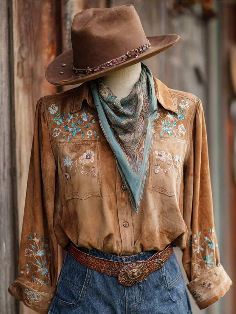 Vintage Western Art Floral Print Casual Shirt