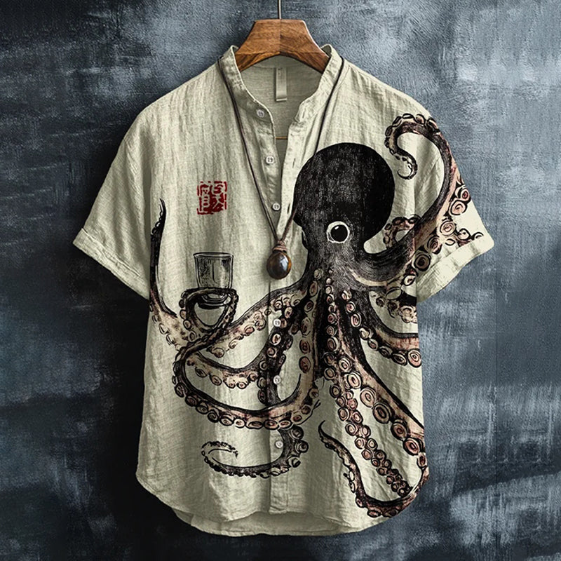 Men's Vintage Octopus Art Print Linen Blend Short Sleeve Shirt