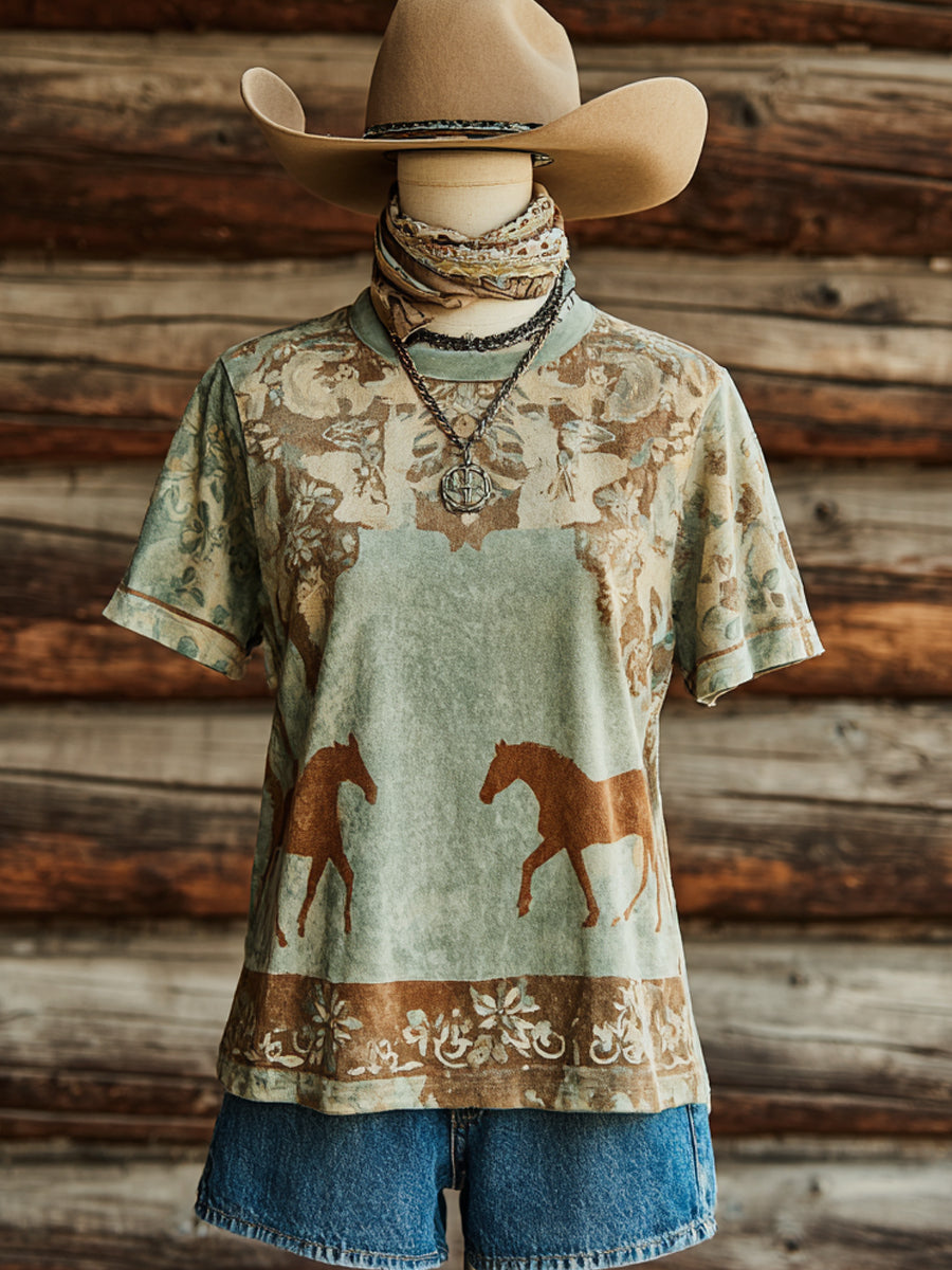 Retro Western Art Illustration Print Casual Short Sleeve T-Shirt