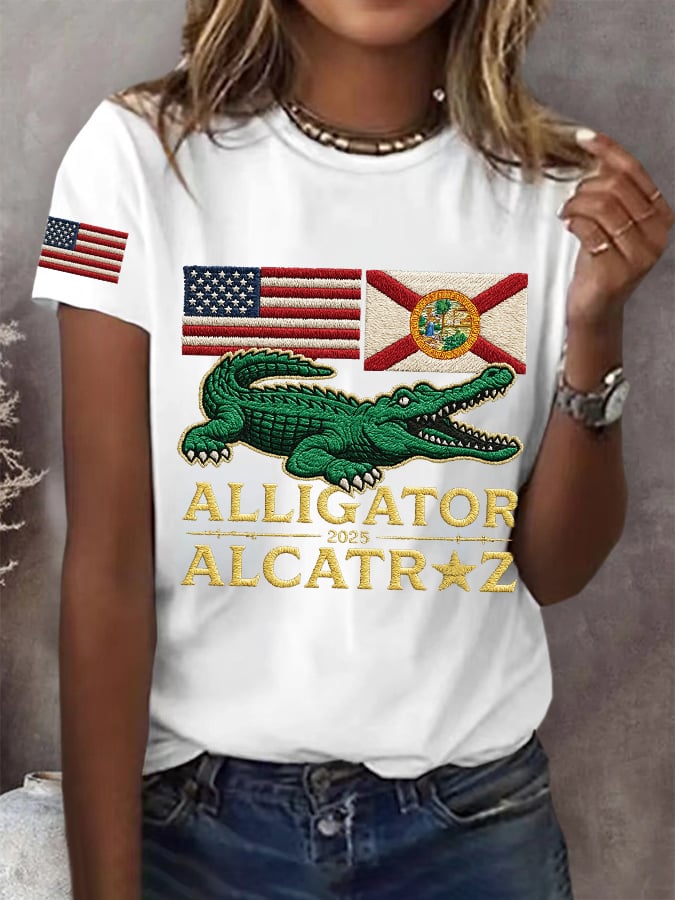 Women's Retro Alligator Alcatraz Funny Florida Everglades Dark Humor Print T-Shirt