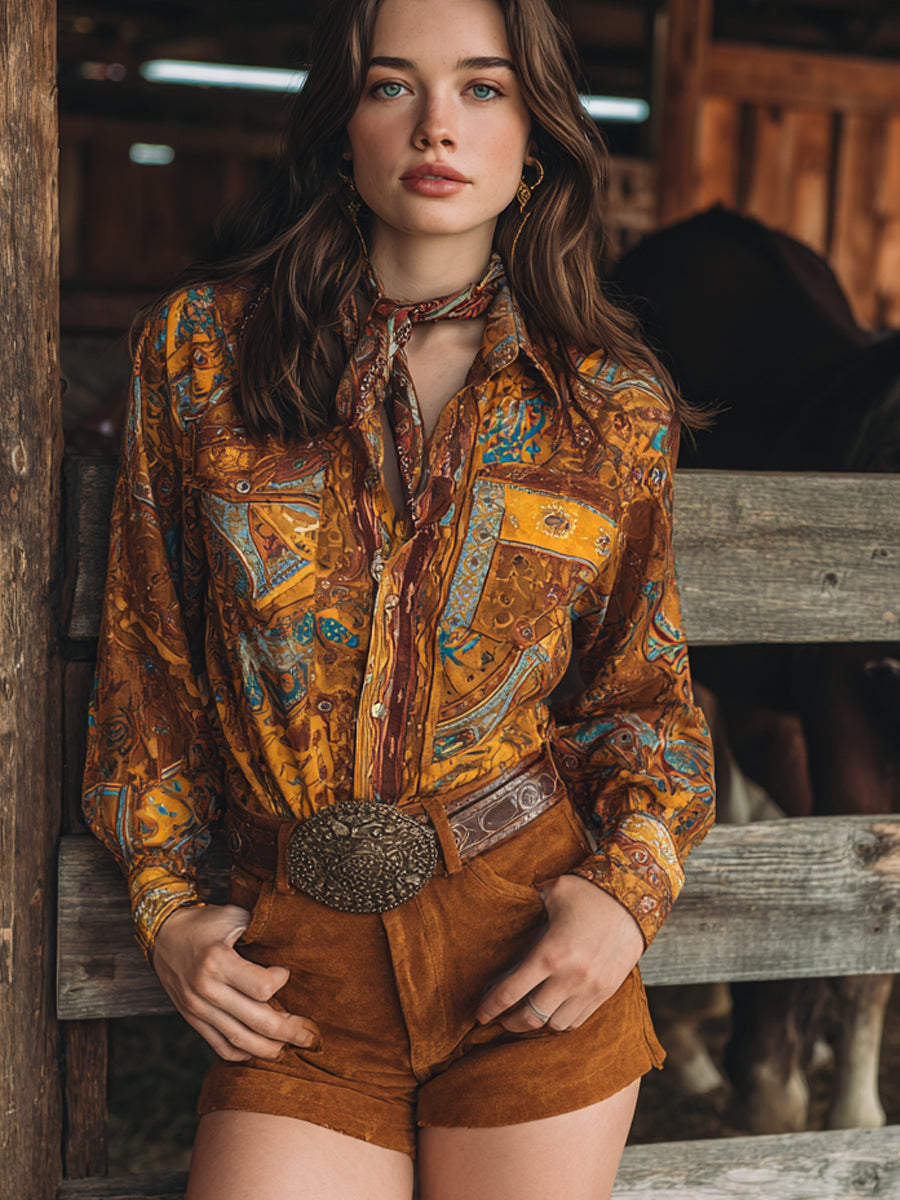 Vintage Western Art Illustration Print Casual Shirt