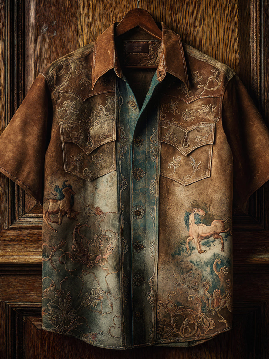 Vintage Western Art Floral Print Casual Shirt