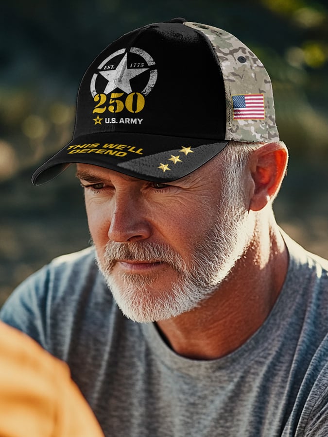Vintage U.S. Army 250th Anniversary This We'll Defend Est.1775 Flag Camouflage Print Baseball Cap