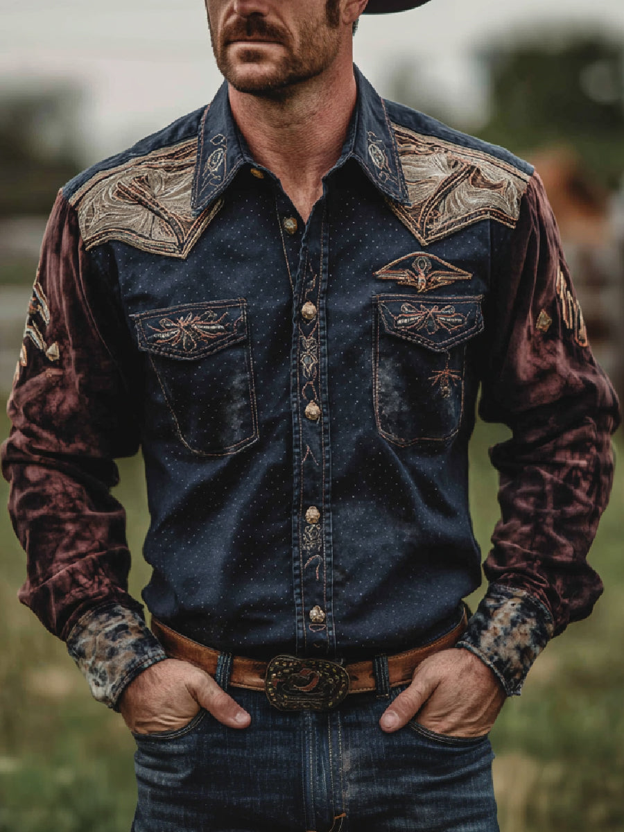 Retro Western Cowboy Art Print Casual Long Sleeve Shirt