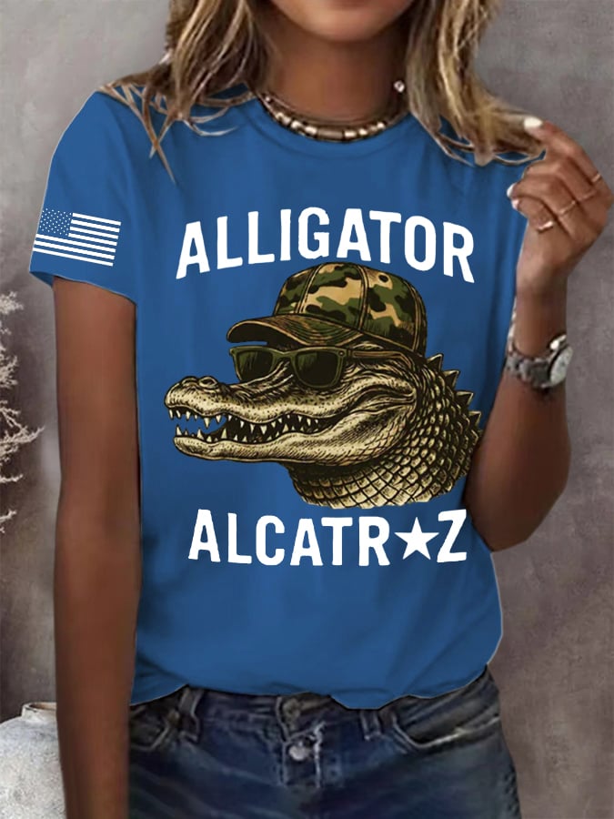 Women's Retro Alligator Alcatraz Funny Florida Everglades Dark Humor Print T-Shirt