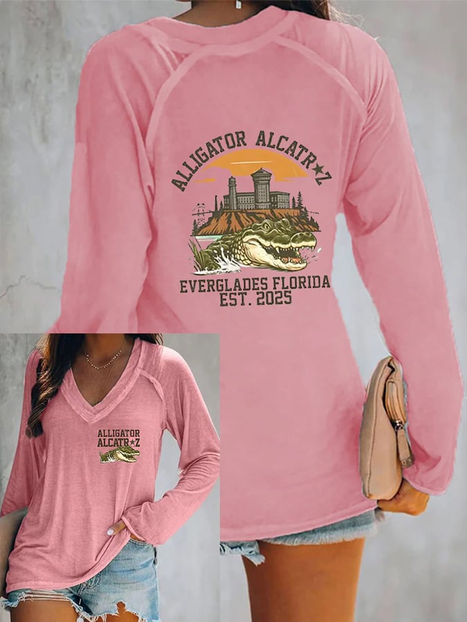 Women's Alligator Alcatraz Print V-Neck T-Shirt