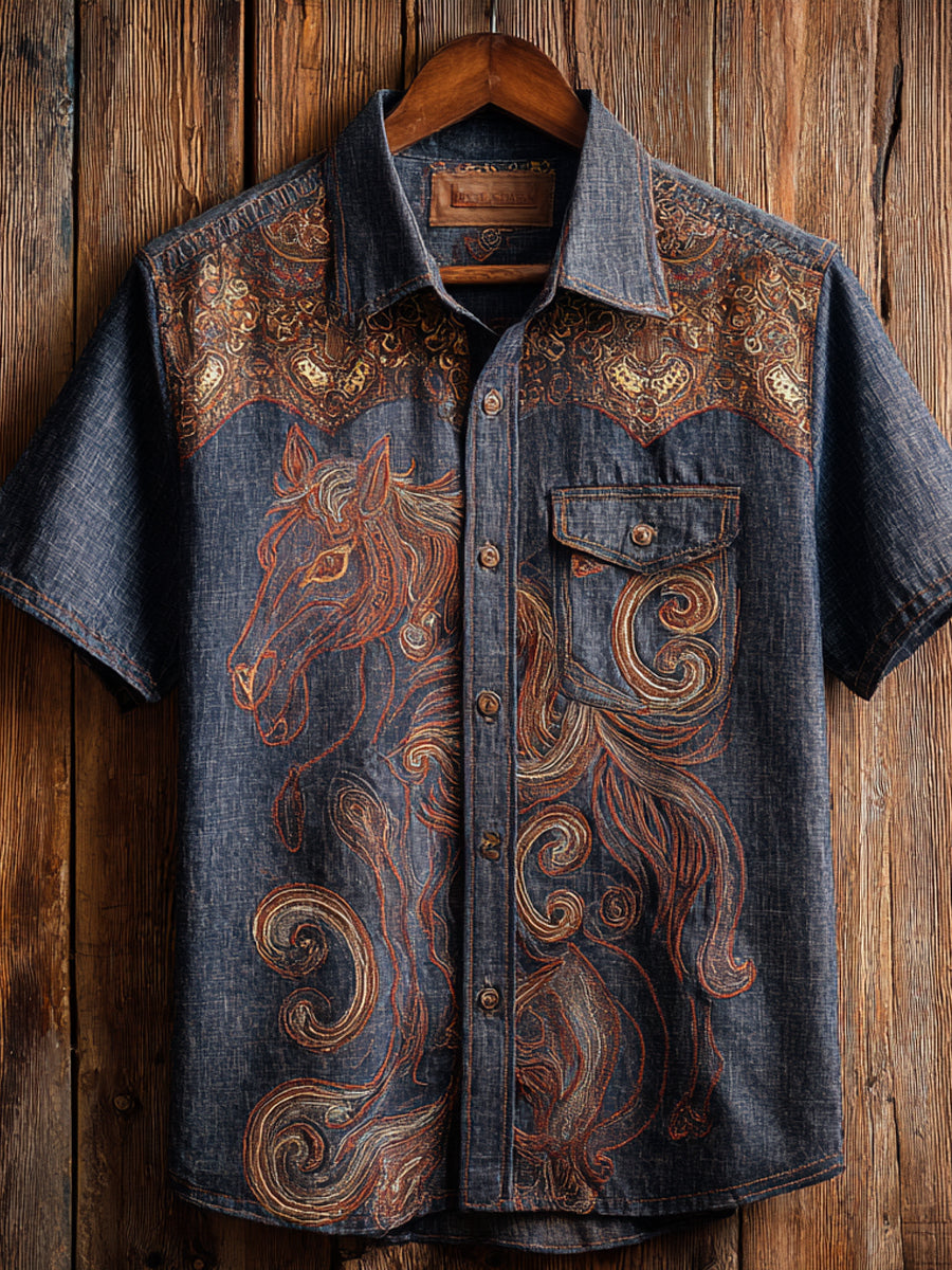 Vintage Western Art Floral Print Casual Shirt