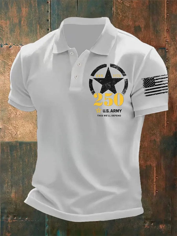 Man's Vintage National Flag U.S. Army 250th Anniversary This We'll Defend Est.1775 Printed Polo Shirt