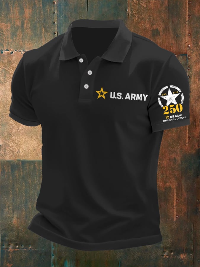 Man's Vintage U.S. Army 250th Anniversary This We'll Defend Est.1775 Printed Polo Shirt