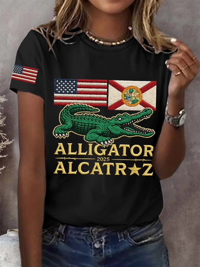 Women's Retro Alligator Alcatraz Funny Florida Everglades Dark Humor Print T-Shirt