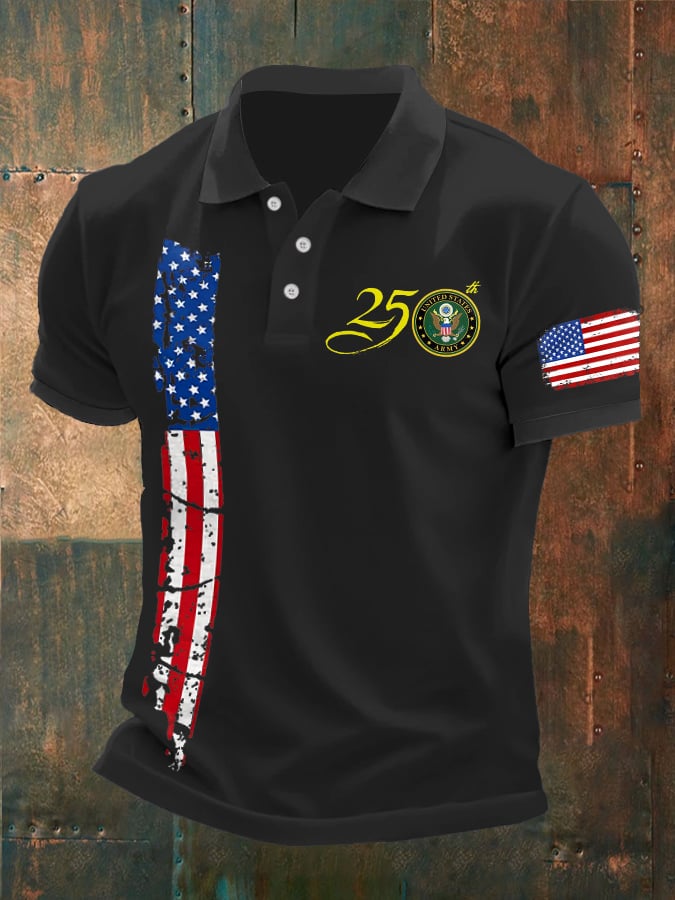 Man's Vintage Independence Day Flag United States Army 250th Anniversary Printed Polo Shirt