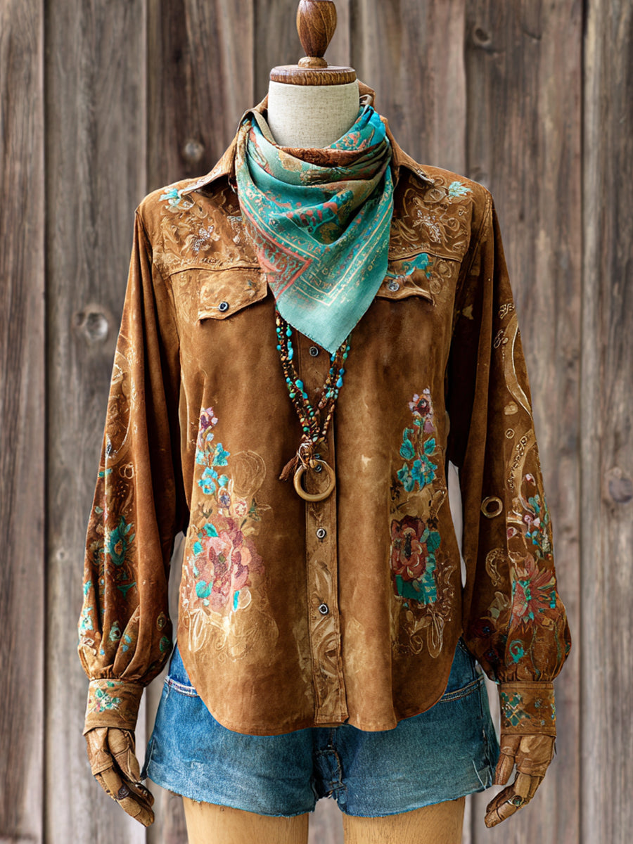 Vintage Western Art Illustration Print Casual Shirt