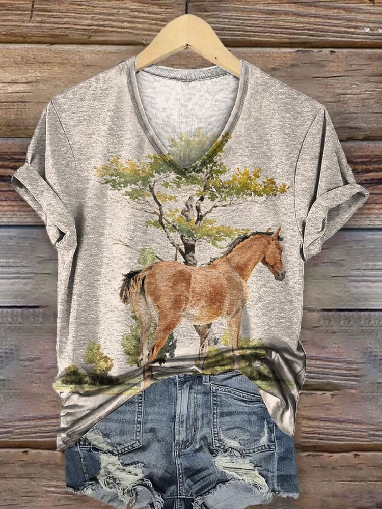 Women's Retro Wild West Horse Print Casual V-neck T-shirt