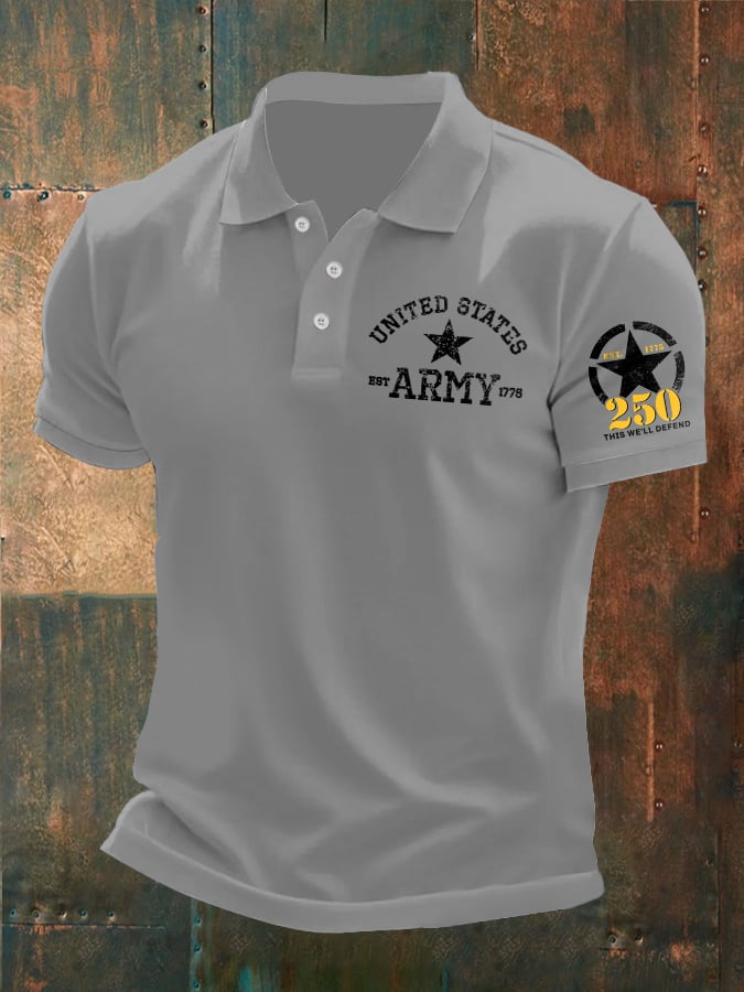 Man's Vintage Independence Day United States Army 250th Anniversary This We'll Defend Est.1775 Printed Polo Shirt