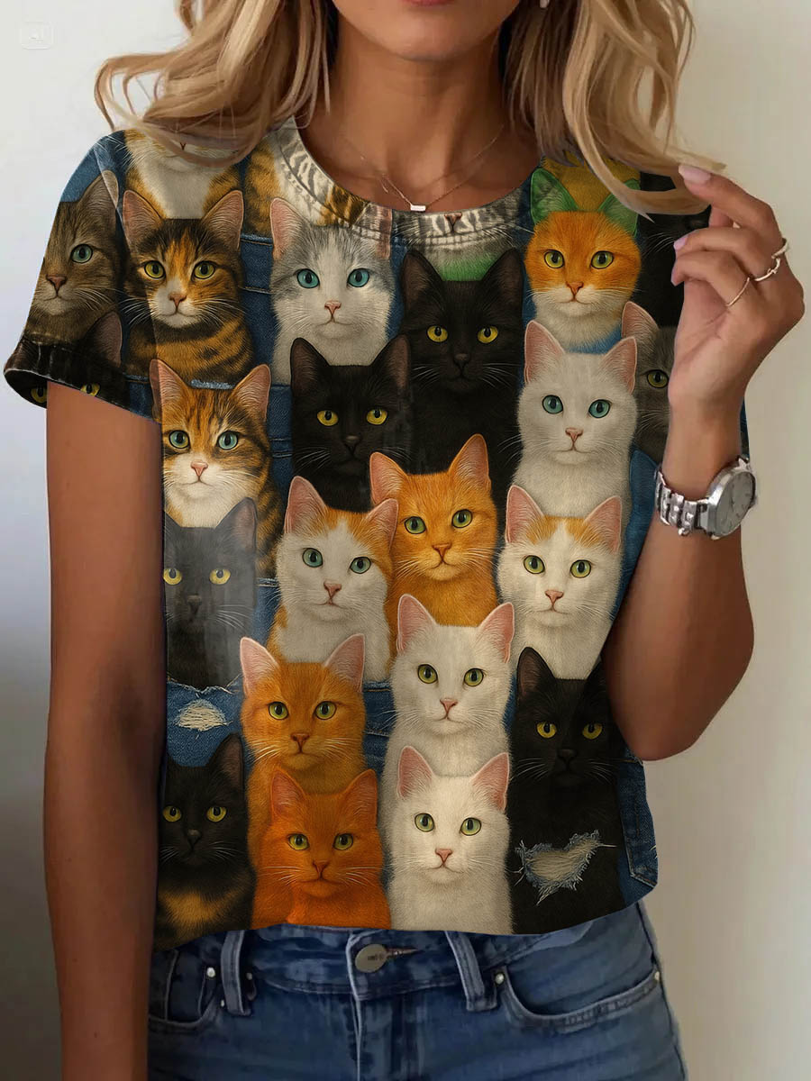Women's Denim Art Cat Print Casual Short Sleeve T-Shirt
