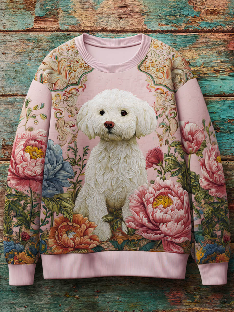 Pink October Dog Floral Art Graphic Print Casual Sweatshirt