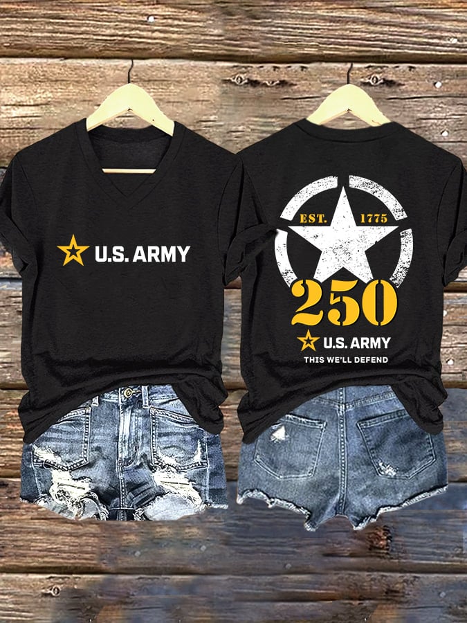 V-Neck Retro U.S. Army 250th Anniversary This We'll Defend Est.1775 Print T-Shirt