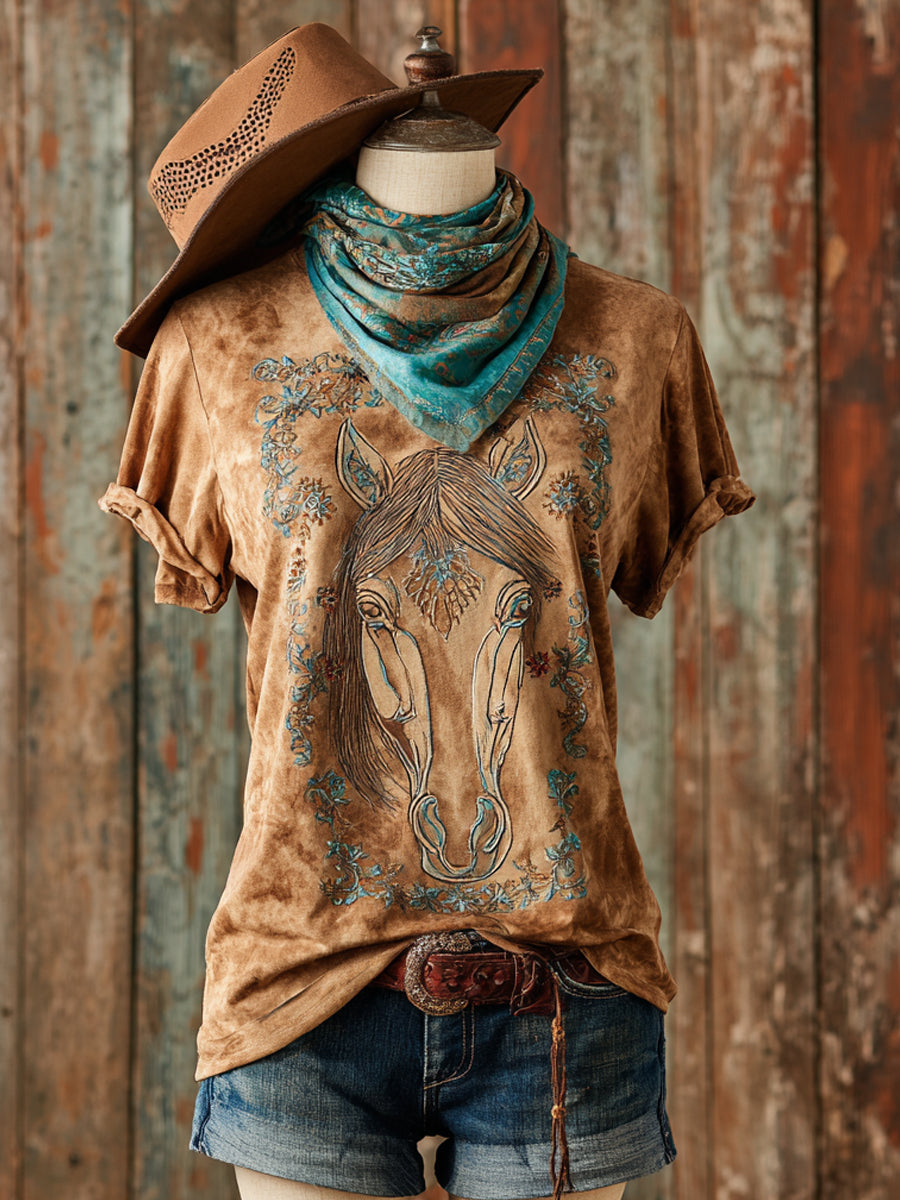 Retro Western Art Horse Floral Print Casual Short Sleeve T-Shirt