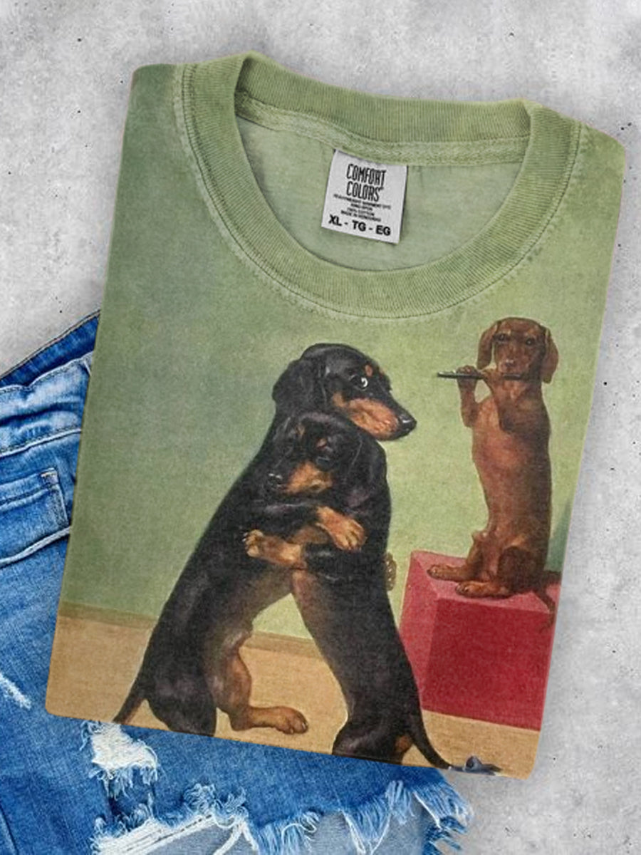 Unisex Three Puppies Fun Art Illustration Print Round Neck Casual T-shirt