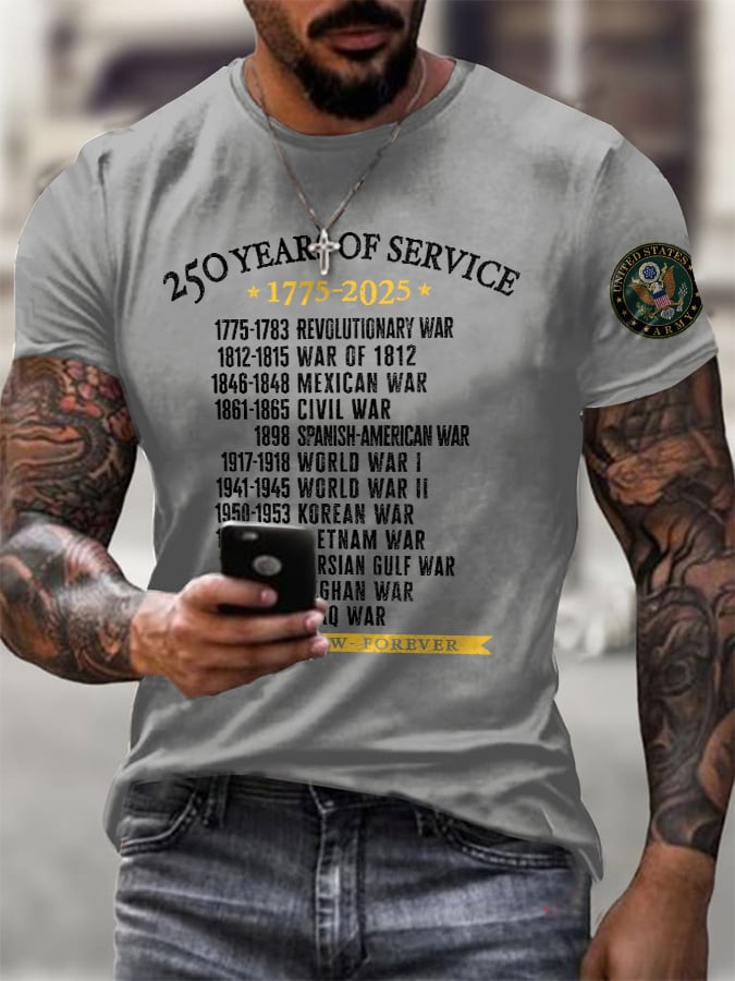 Men's United States Army 250 Years Of Service 1775-2025 Then - Now - Forever Print T-Shirt
