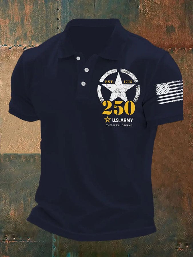 Man's Vintage National Flag U.S. Army 250th Anniversary This We'll Defend Est.1775 Printed Polo Shirt