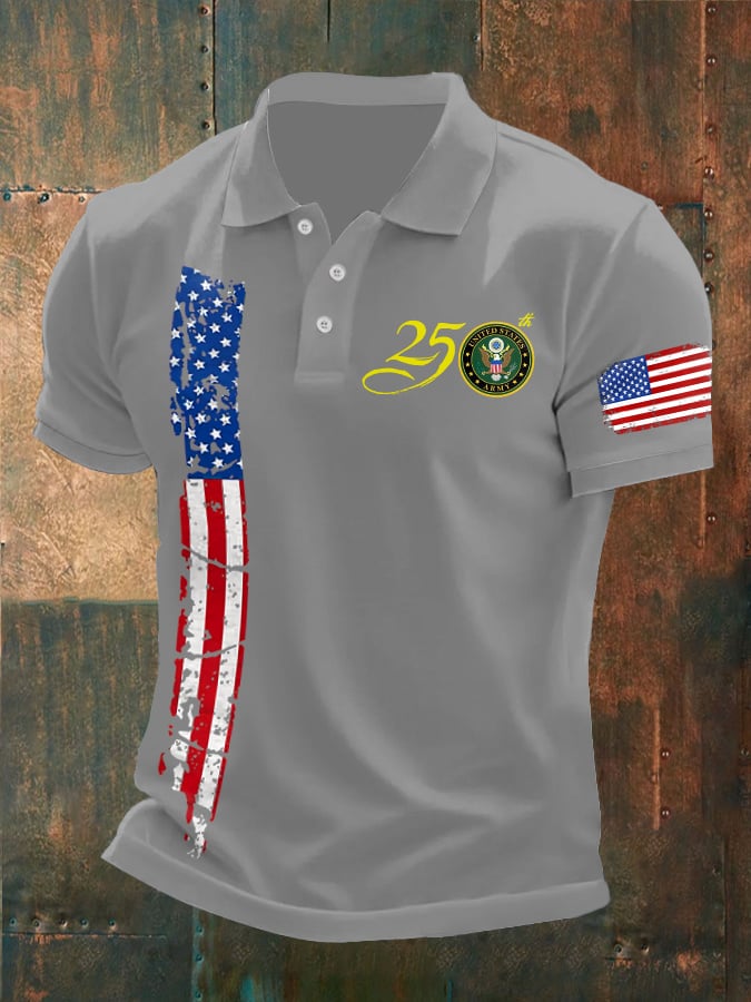 Man's Vintage Independence Day Flag United States Army 250th Anniversary Printed Polo Shirt