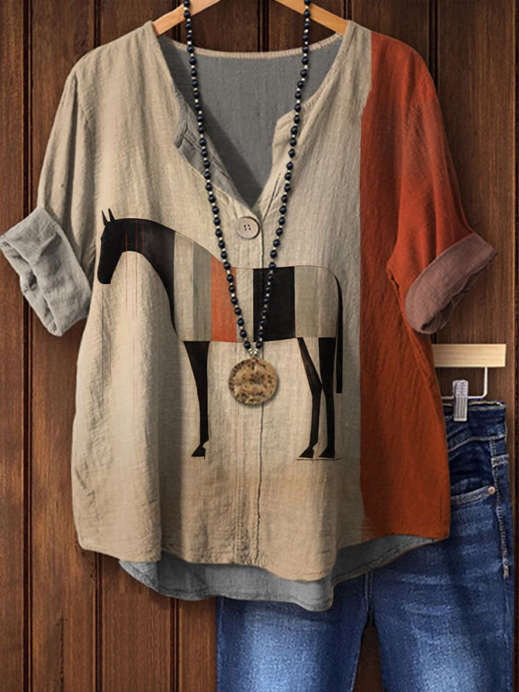 Women's Retro Horse Print Casual Cotton Linen Shirt