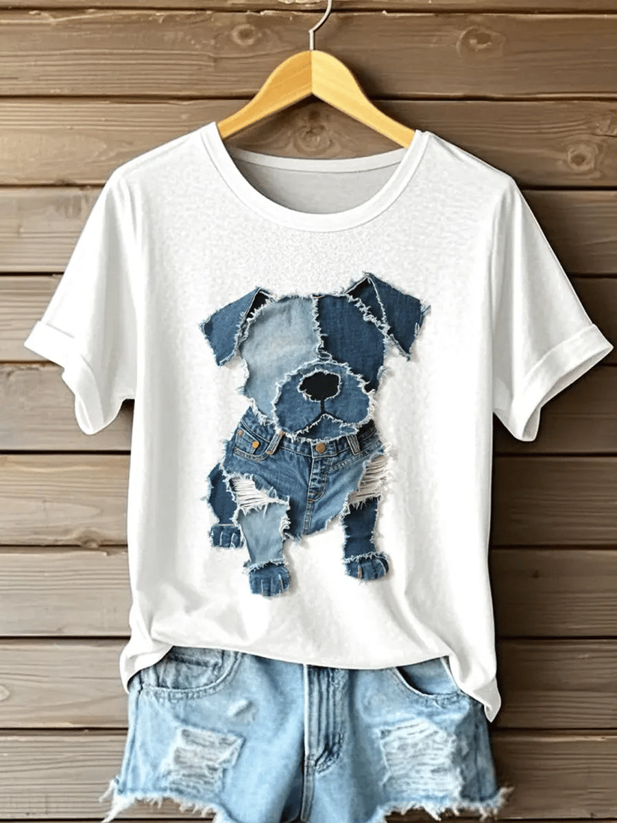 Women's Retro Funny Animal Dog Print Crew Neck Casual T-shirt
