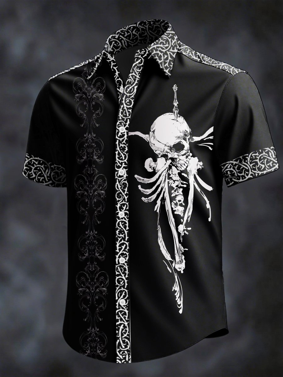 Men's Retro Horror Skull Print Lapel Short Sleeve Shirt