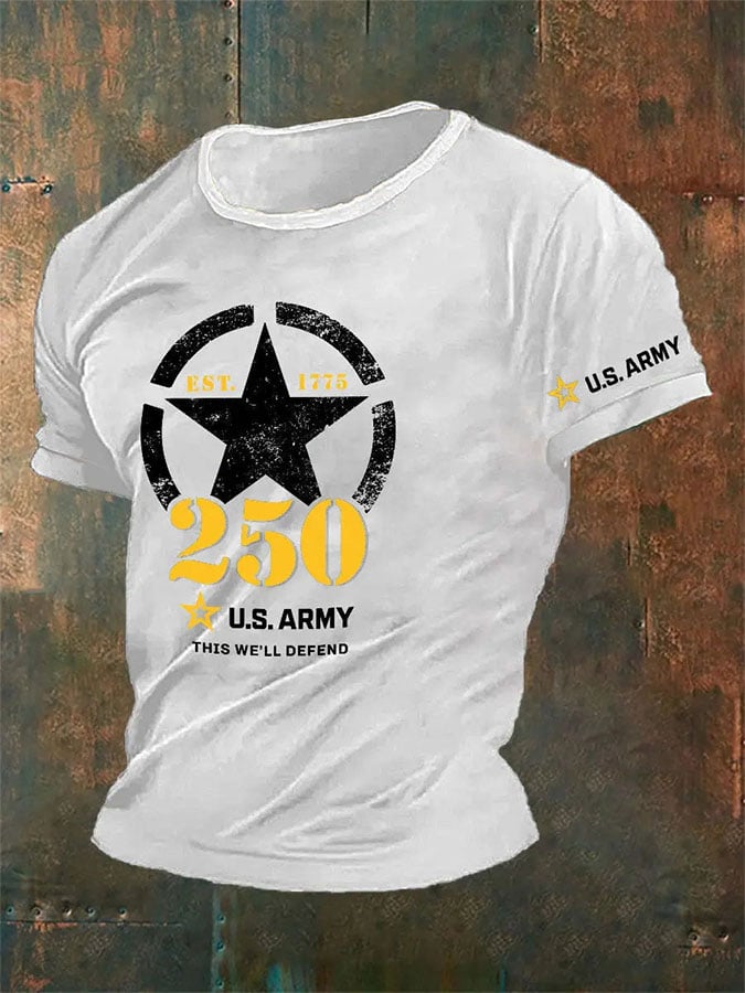 Man's Vintage U.S. Army 250th Anniversary This We'll Defend Est.1775 Print T-Shirt