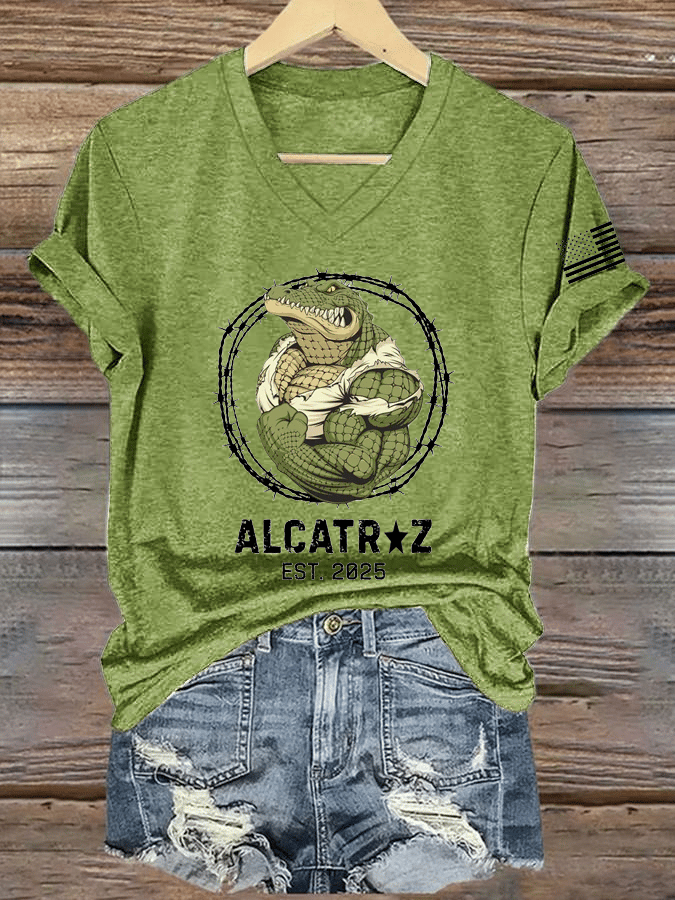 Women's Alligator Alcatraz Print V-Neck T-Shirt