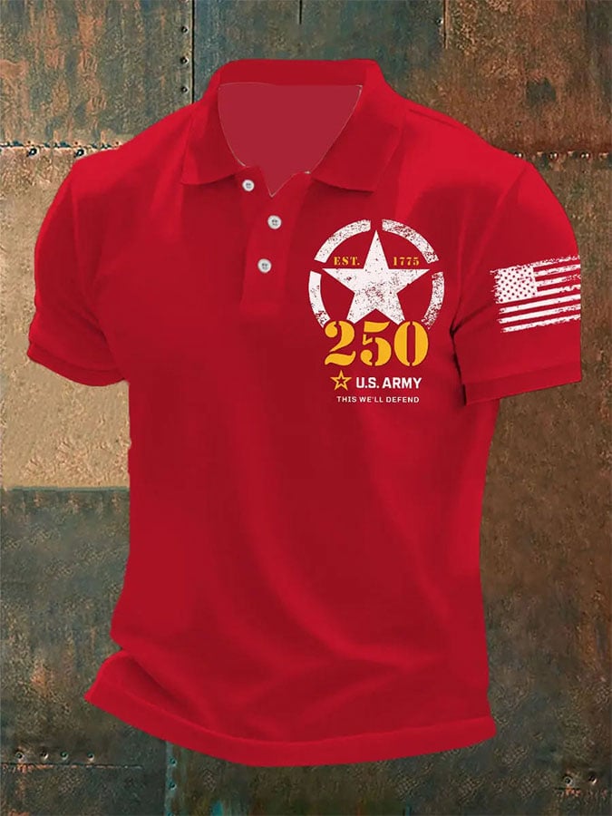 Man's Vintage National Flag U.S. Army 250th Anniversary This We'll Defend Est.1775 Printed Polo Shirt