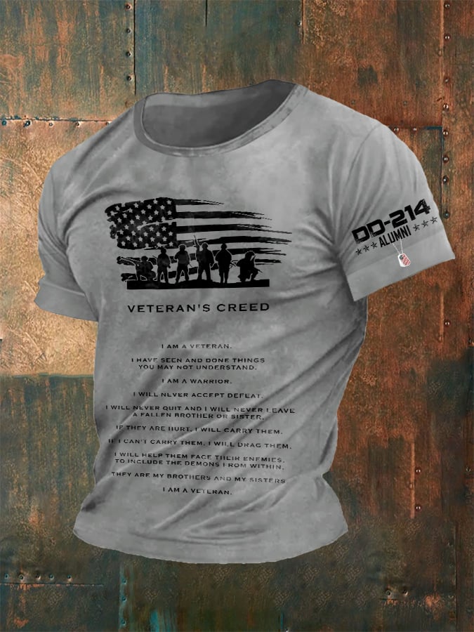 Men's Retro DD-214 Alumni Veteran's Creed I Am A Veteran. I Have Seen And Done Things You May Not Understand. I Am A Warrior. Print T-Shirt