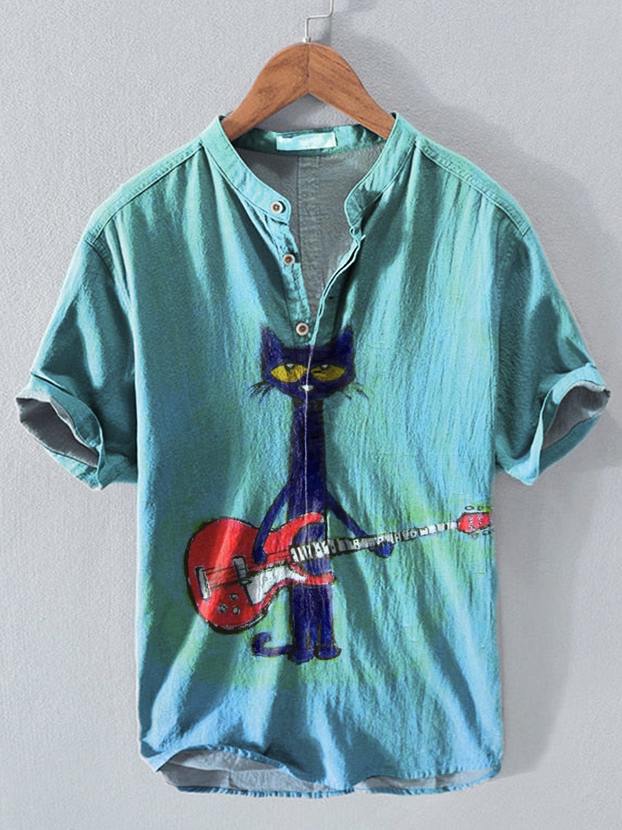 Retro Guitar Cat Art Print Casual Short Sleeve T-shirt
