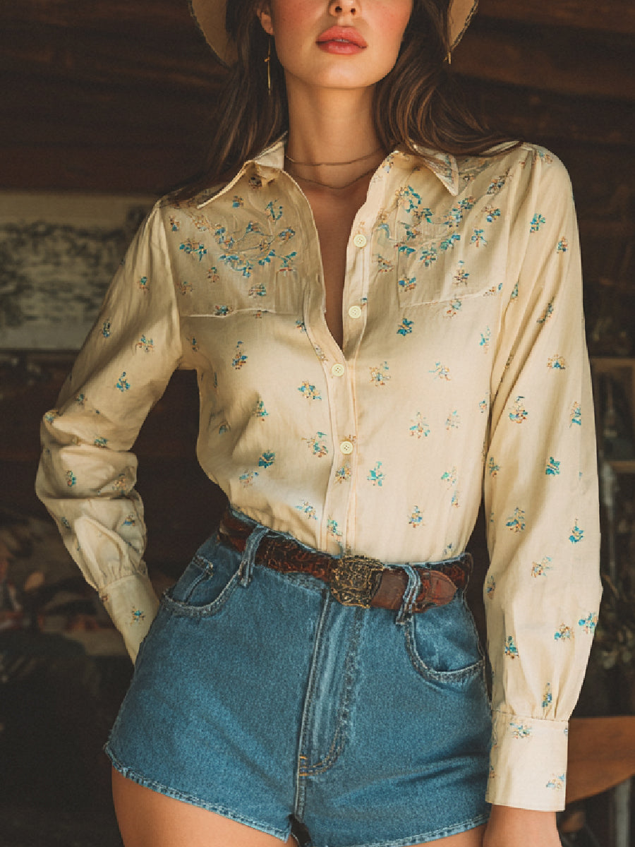Western Retro Art Print Casual Long Sleeve Shirt