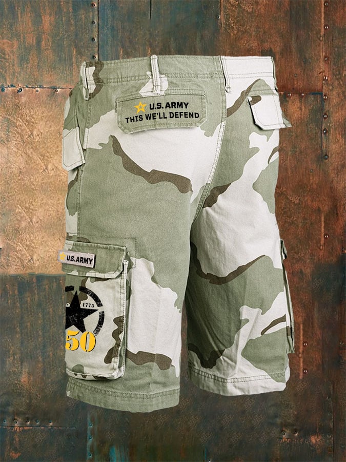 Vintage U.S. Army 250th Anniversary This We'll Defend Est.1775 Camouflage Print Cargo Shorts