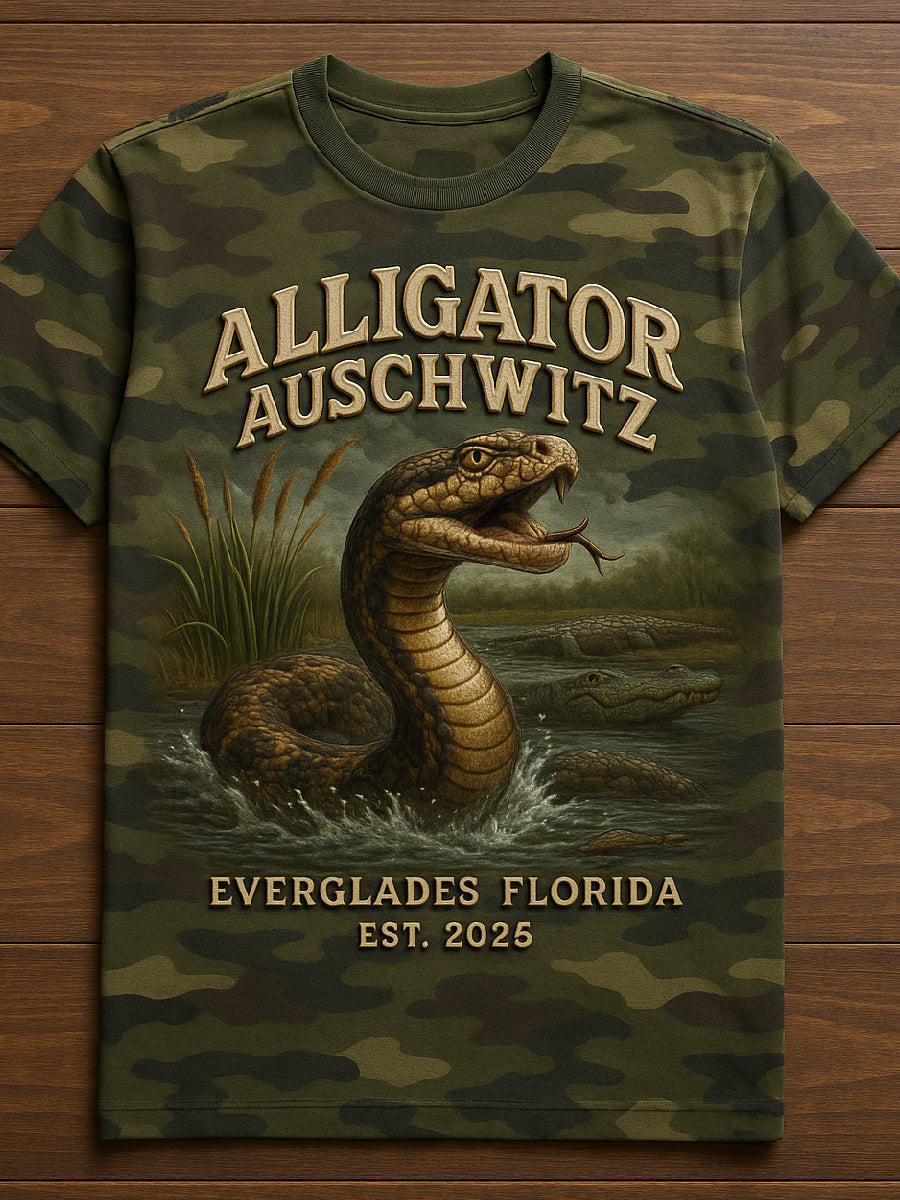 Vintage Alligator Auschwitz Fun Florida Everglades Art Print Casual T-Shirt