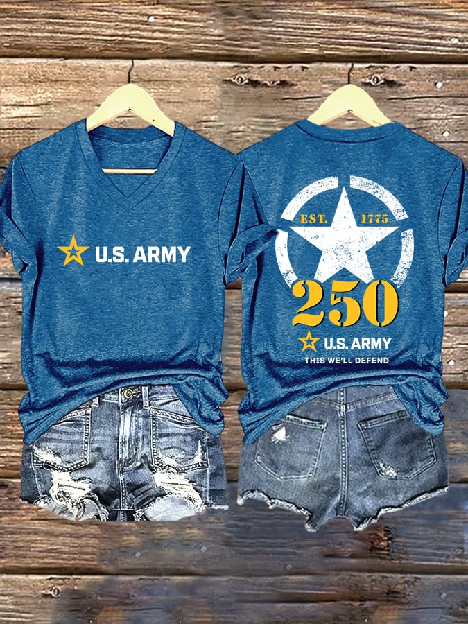 V-Neck Retro U.S. Army 250th Anniversary This We'll Defend Est.1775 Print T-Shirt