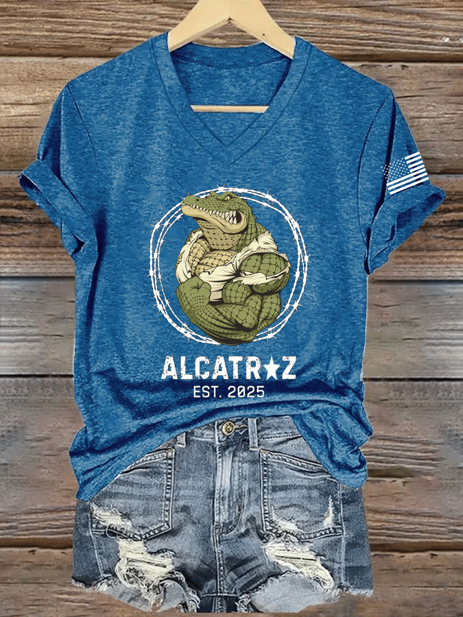 Women's Alligator Alcatraz Print V-Neck T-Shirt