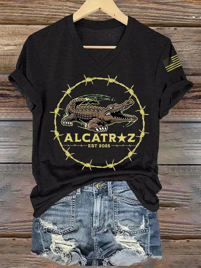 Women's Retro Alligator Alcatraz Funny Florida Everglades Dark Humor Printed Short-Sleeved T-Shirt
