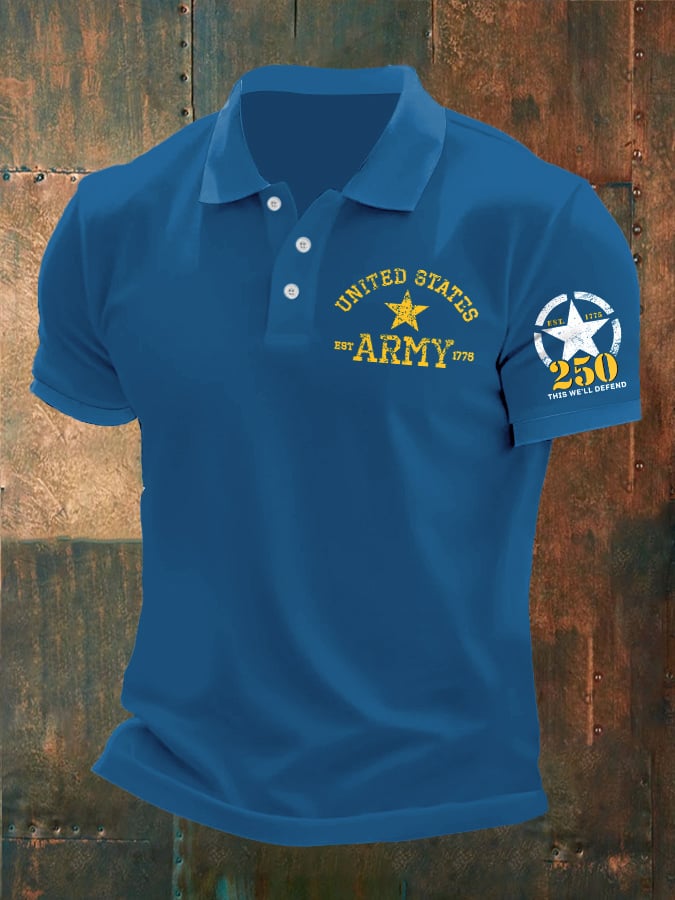 Man's Vintage Independence Day United States Army 250th Anniversary This We'll Defend Est.1775 Printed Polo Shirt