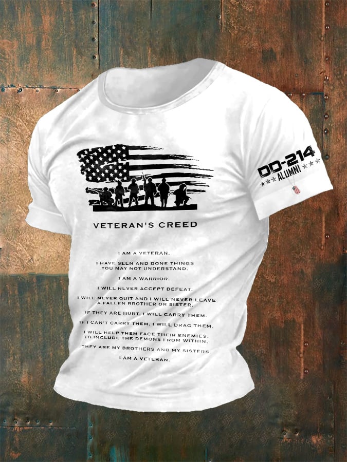 Men's Retro DD-214 Alumni Veteran's Creed I Am A Veteran. I Have Seen And Done Things You May Not Understand. I Am A Warrior. Print T-Shirt