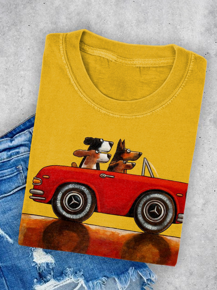 Unisex Round Neck Casual T-shirt With Four Puppies Driving Art Illustration Print