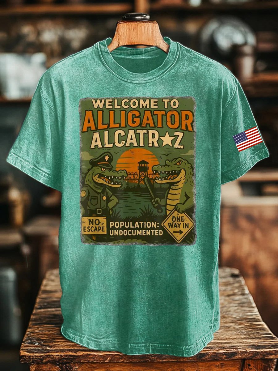 Unisex Casual Alcatraz Crocodile Print Washed Cotton T-Shirt