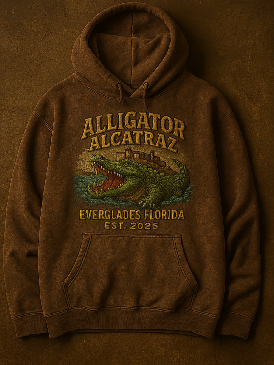 Vintage Alligator Alcatraz Fun Florida Everglades Art Print Casual Hoodie