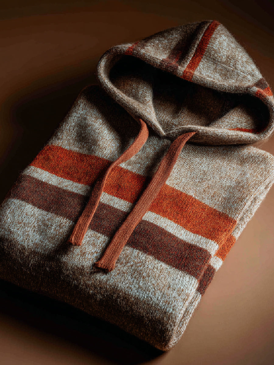 Fall Stripe Art Print Casual Hooded Knit Sweater