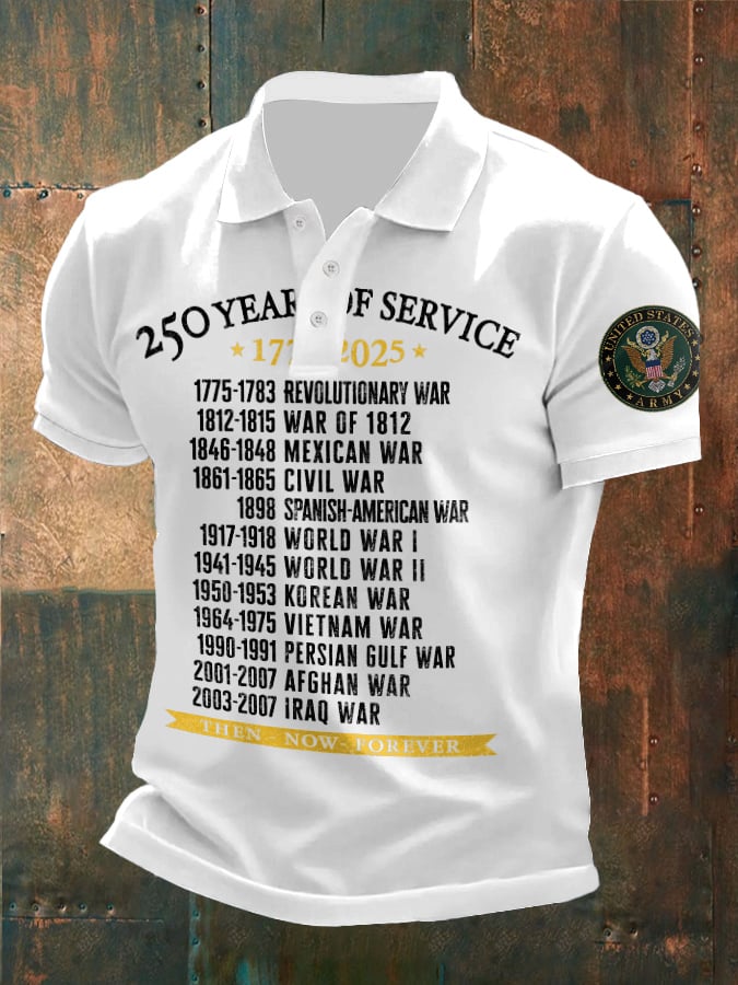 Vintage Men's United States Army 250 Years Of Service 1775-2025 Then - Now - Forever Printed Polo Shirt