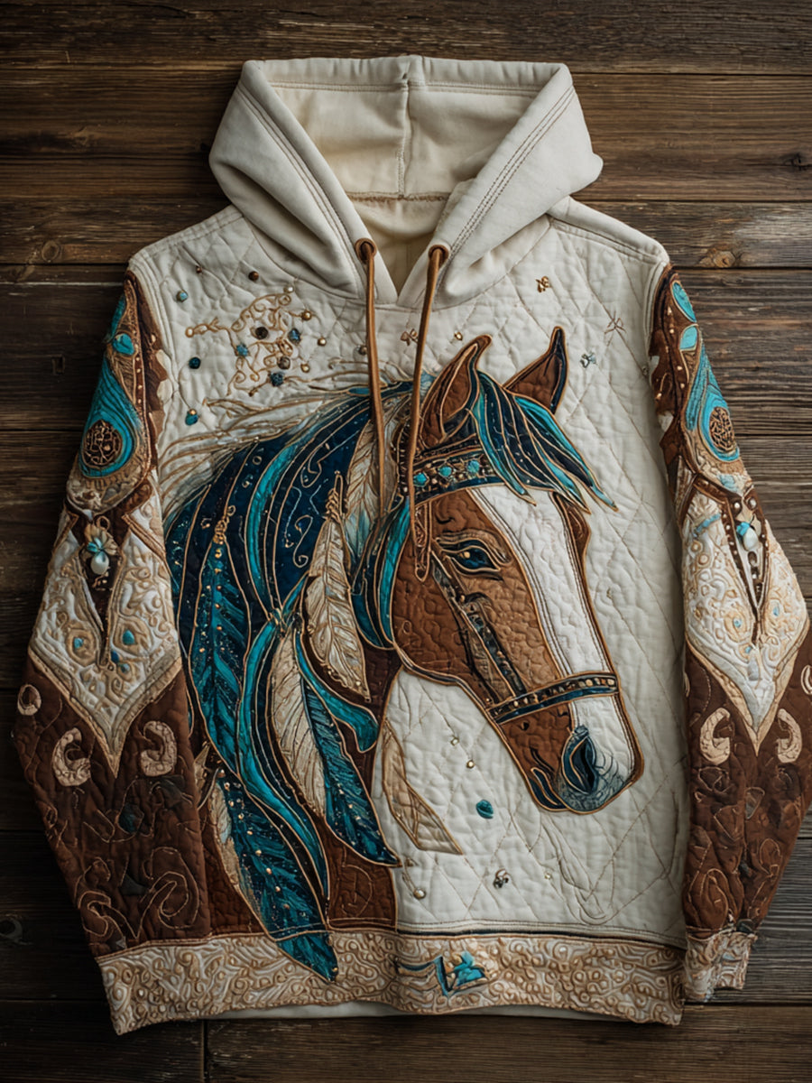 Retro Ethnic Style Patchwork Horse Print Art Casual Hoodie