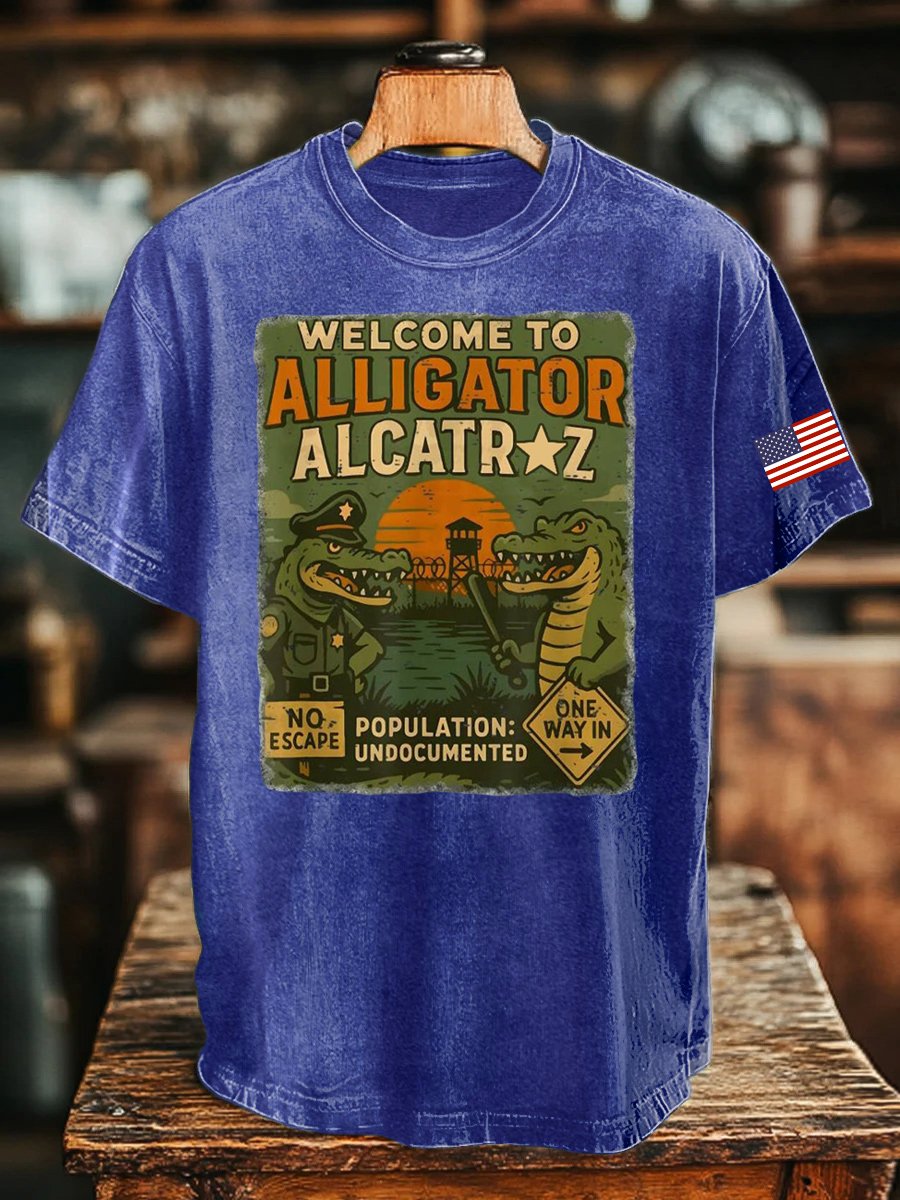 Unisex Casual Alcatraz Crocodile Print Washed Cotton T-Shirt