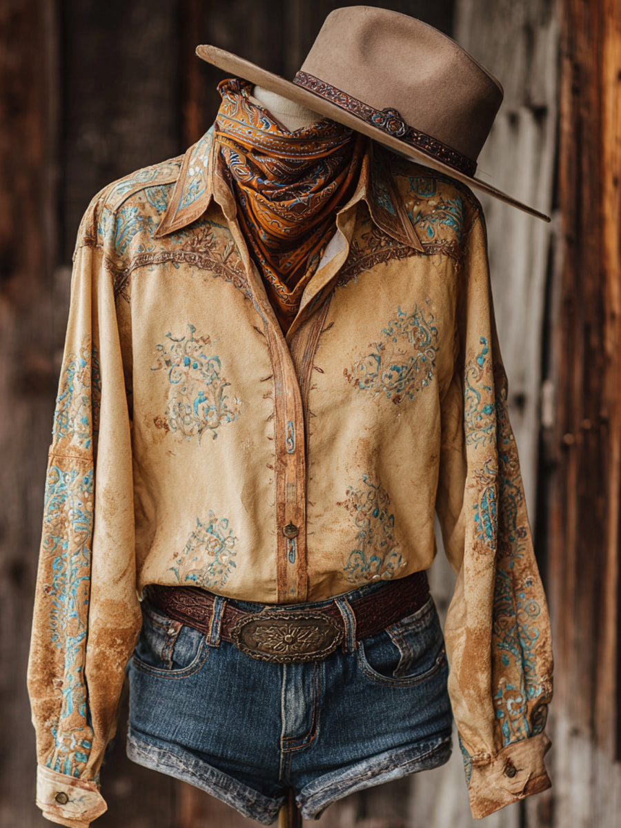 Vintage Western Art Floral Print Casual Shirt